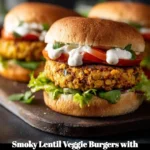 Smoky lentil veggie burgers topped with creamy tahini sauce on a plate.