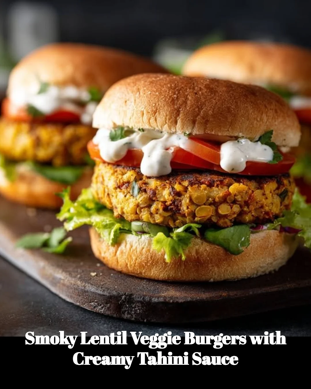 Smoky lentil veggie burgers topped with creamy tahini sauce on a plate.