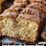 Delicious homemade snickerdoodle banana bread topped with cinnamon sugar.