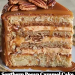 Delicious Southern Pecan Caramel Cake topped with caramel and pecans.