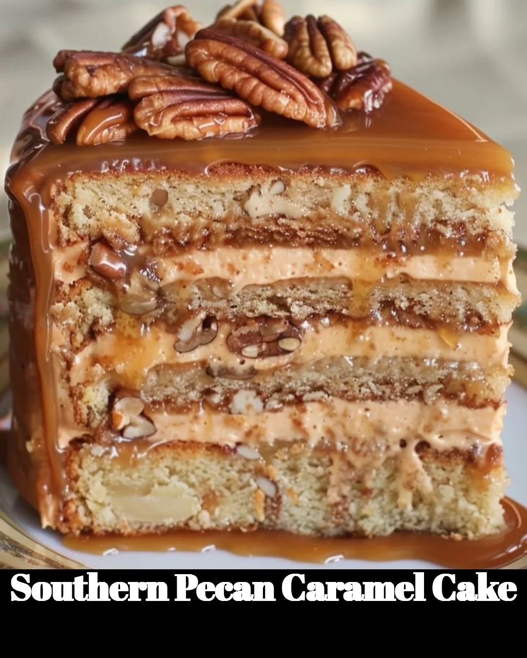 Delicious Southern Pecan Caramel Cake topped with caramel and pecans.