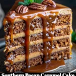 Slice of Southern Pecan Caramel Cake topped with pecans and caramel sauce