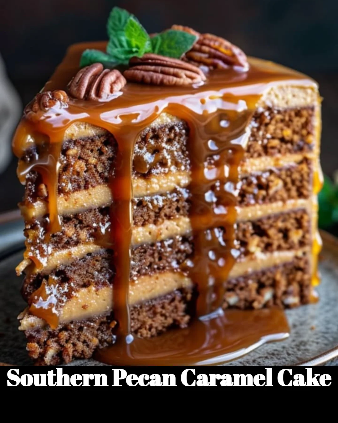 Slice of Southern Pecan Caramel Cake topped with pecans and caramel sauce