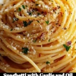 Plate of spaghetti with garlic and oil garnished with parsley