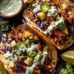 Spicy Pineapple Chicken Tacos with Jalapeño Basil Ranch on a plate