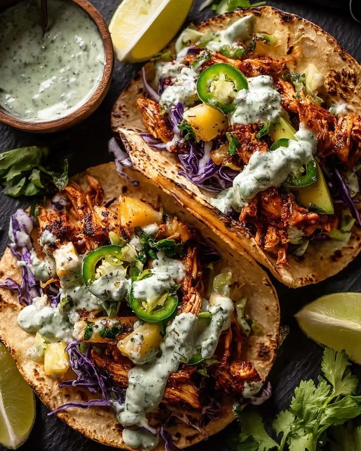 Spicy Pineapple Chicken Tacos with Jalapeño Basil Ranch on a plate