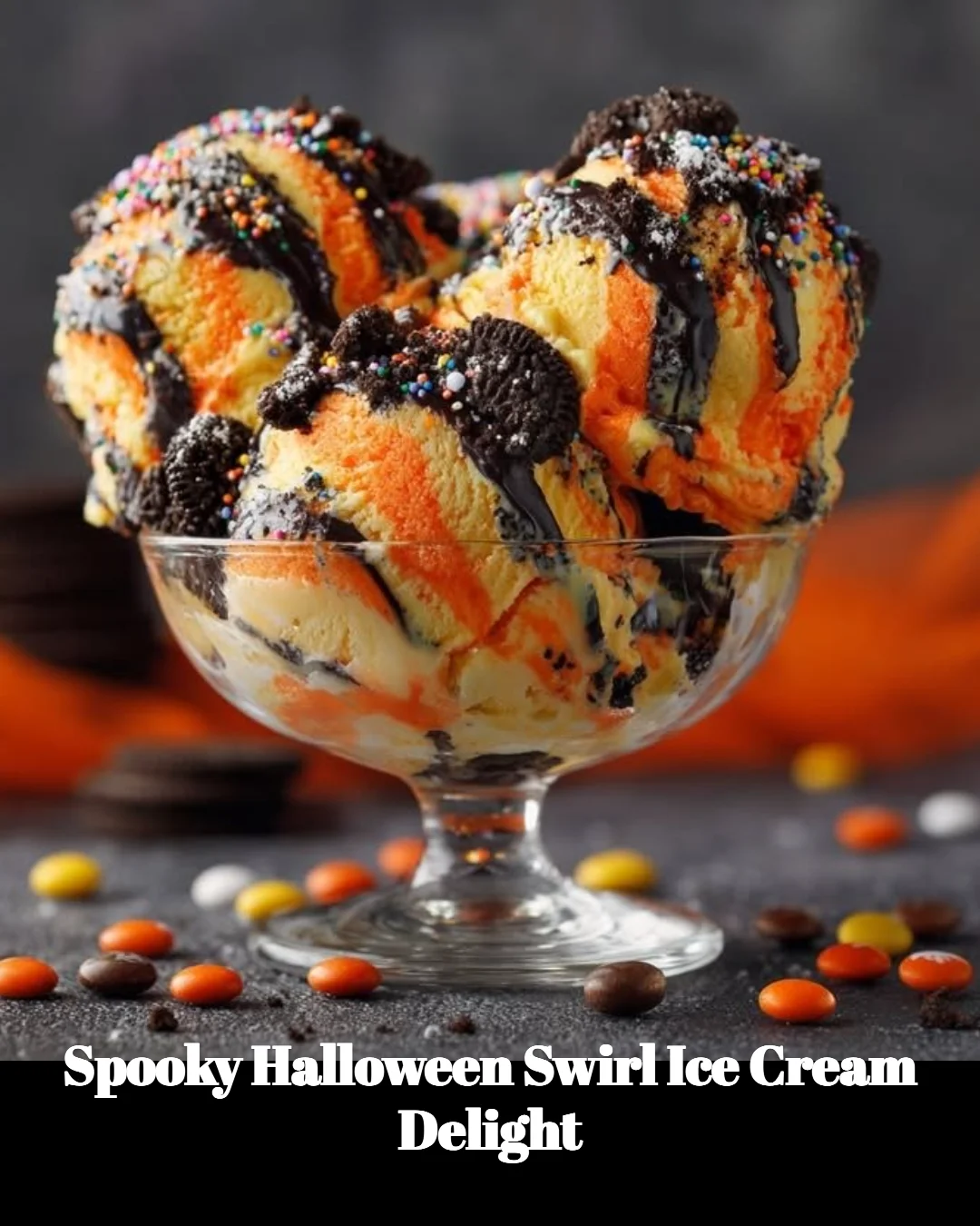 Spooky Halloween Swirl Ice Cream Delight served in a Halloween-themed bowl