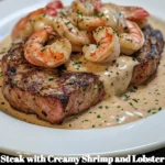 Delicious steak topped with creamy shrimp and lobster sauce