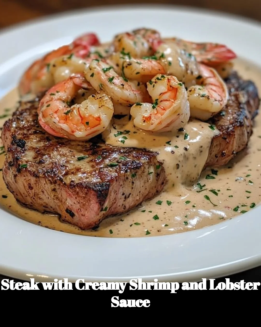 Delicious steak topped with creamy shrimp and lobster sauce