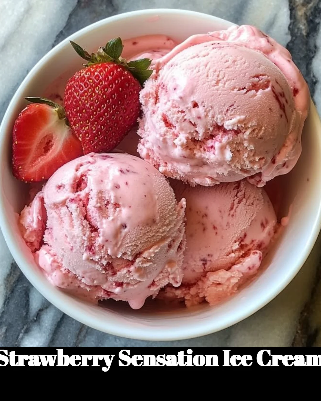 Delicious strawberry ice cream topped with fresh strawberries in a bowl