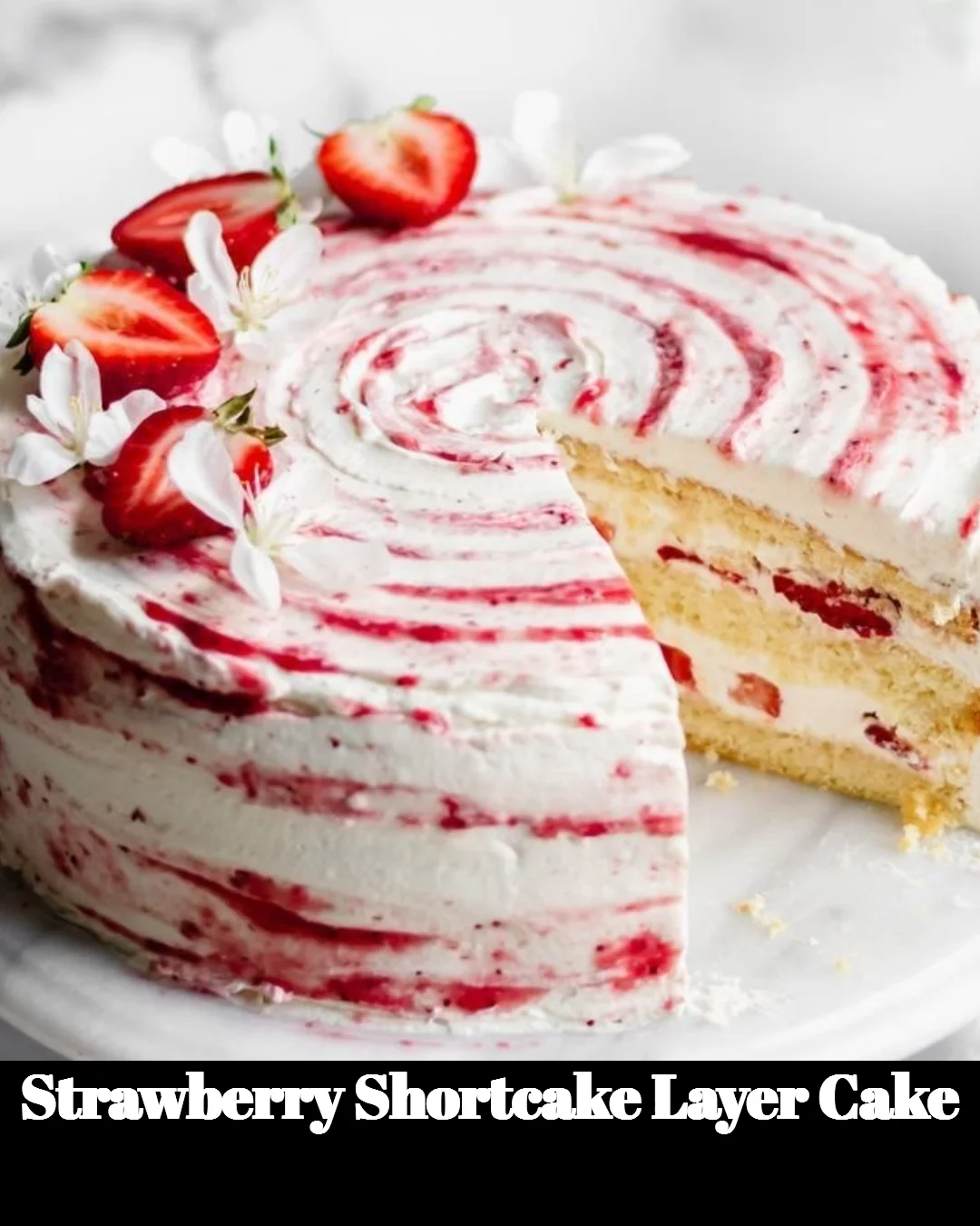 Delicious Strawberry Shortcake Layer Cake with fresh strawberries and cream