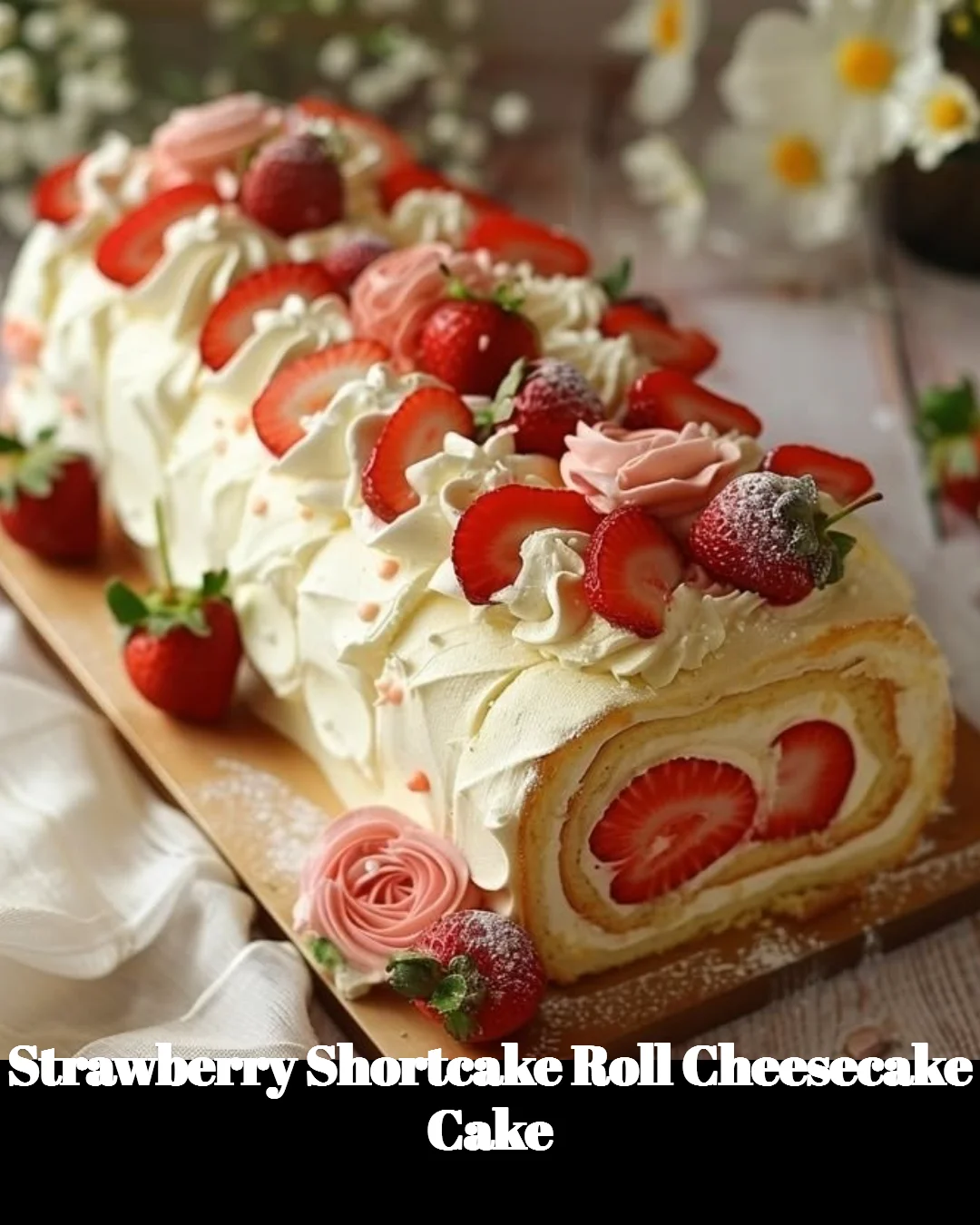 Strawberry shortcake roll cheesecake cake with fresh strawberries and whipped cream