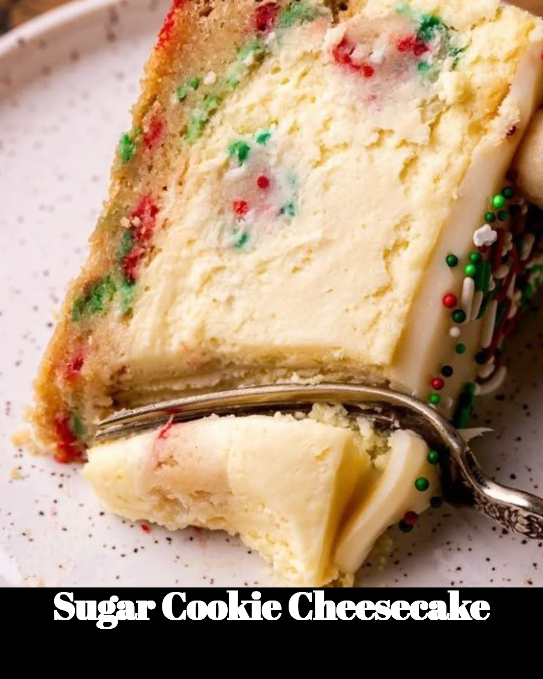 Delicious homemade sugar cookie cheesecake topped with colorful sprinkles