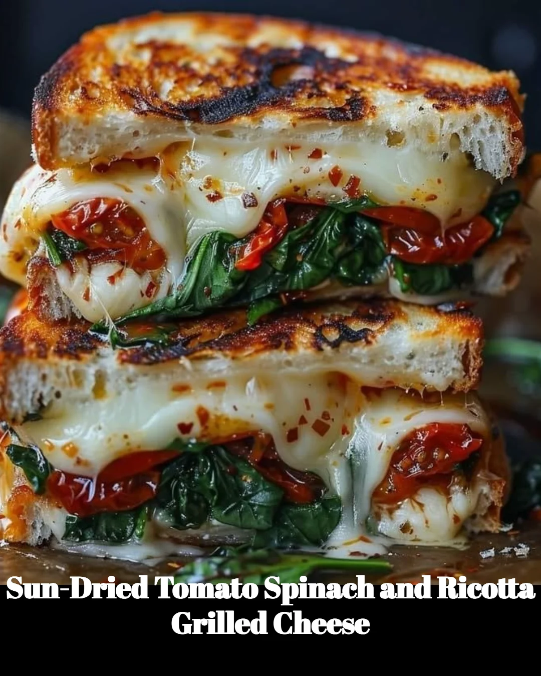 Sun-Dried Tomato Spinach and Ricotta Grilled Cheese sandwich on a plate
