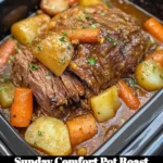 Delicious Sunday Comfort Pot Roast served with vegetables and herbs.