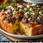 Sweet Maple Sausage Casserole topped with herbs and served in a baking dish