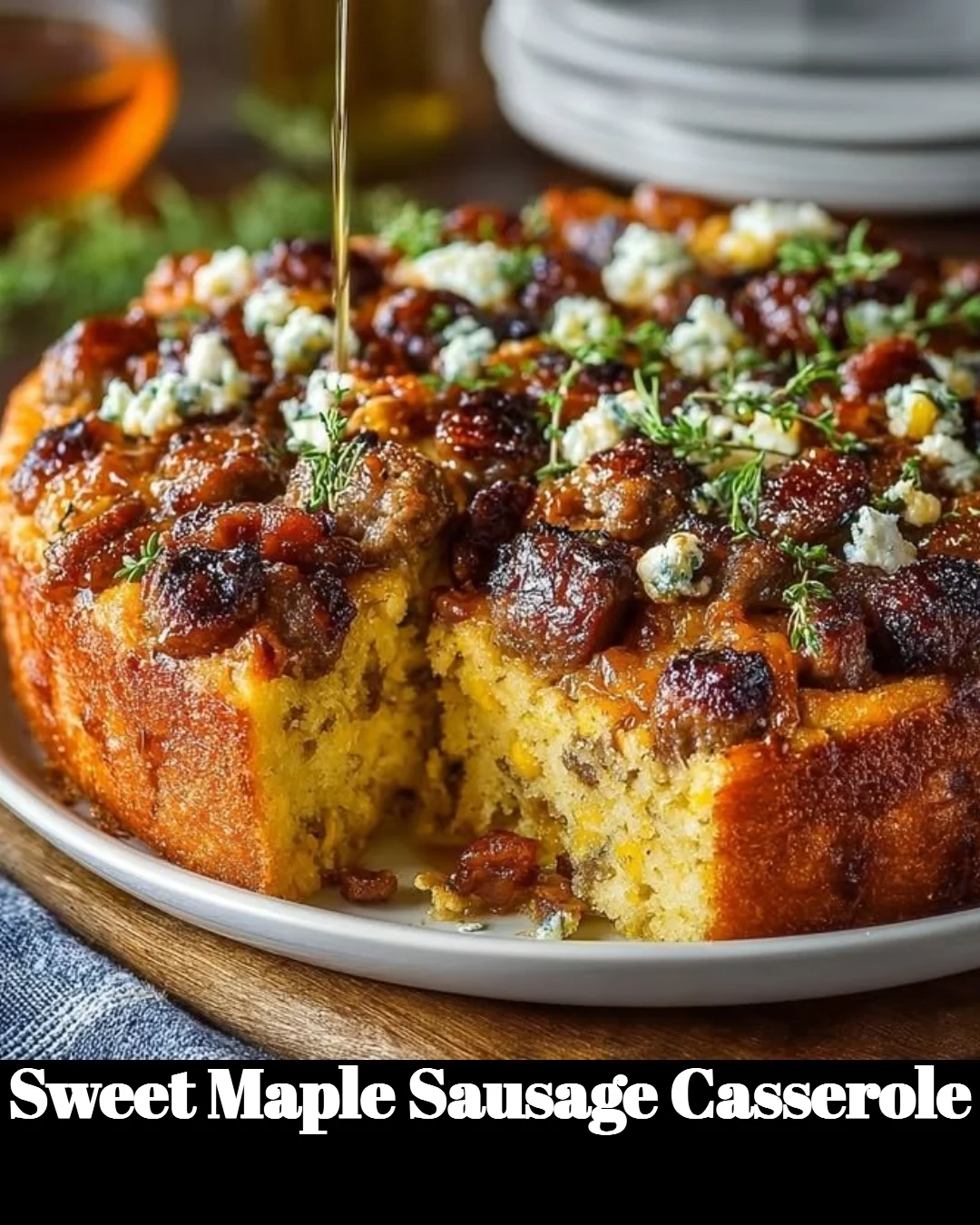 Sweet Maple Sausage Casserole topped with herbs and served in a baking dish