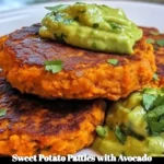 Sweet potato patties served with avocado cilantro sauce on a plate