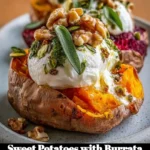 Sweet potatoes topped with creamy burrata cheese, garnished for a delicious dish.