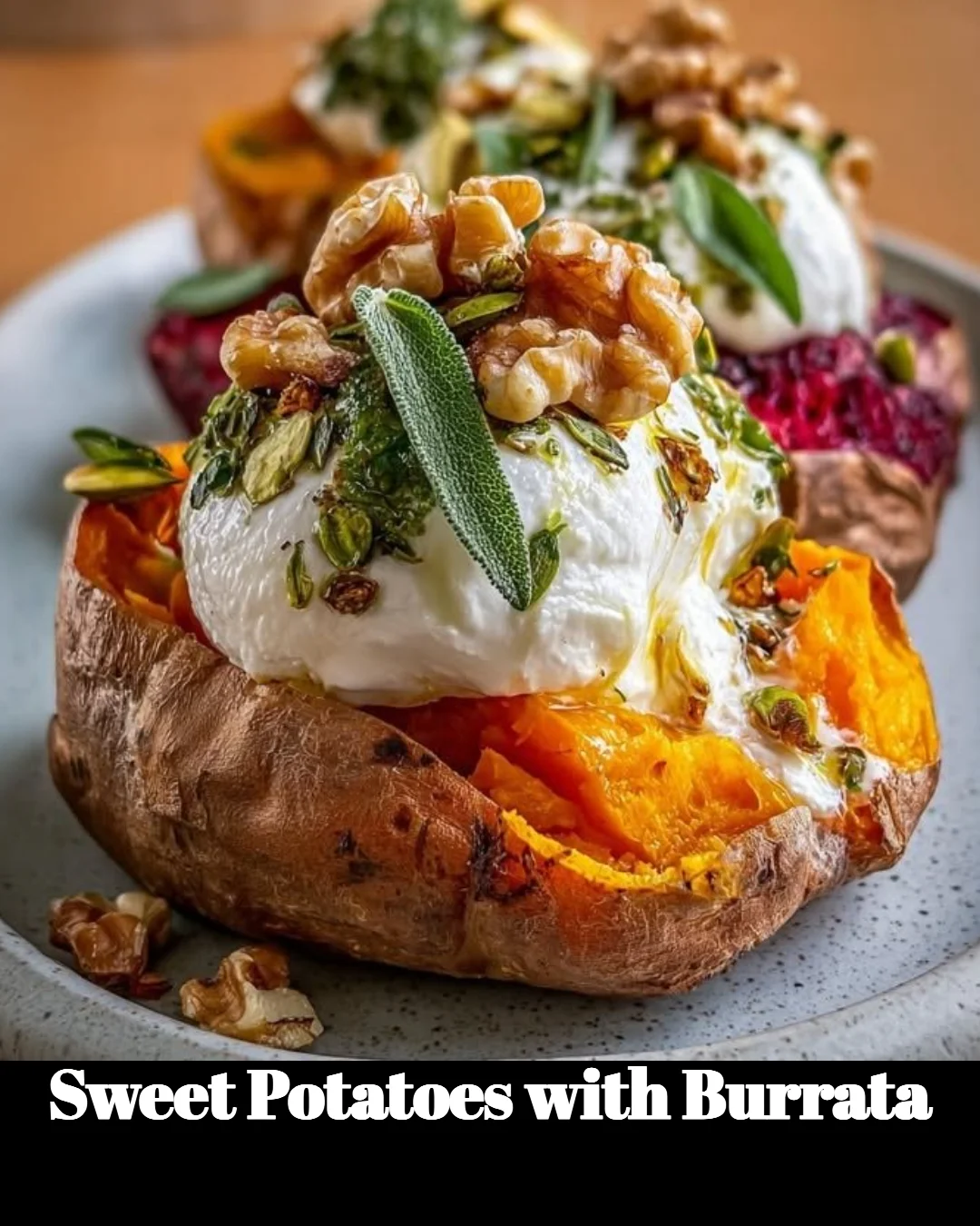 Sweet potatoes topped with creamy burrata cheese, garnished for a delicious dish.