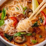 Bowl of Thai chicken curry coconut noodle soup with fresh herbs and spices
