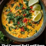 Bowl of Thai Coconut Red Lentil Soup garnished with herbs and spices.