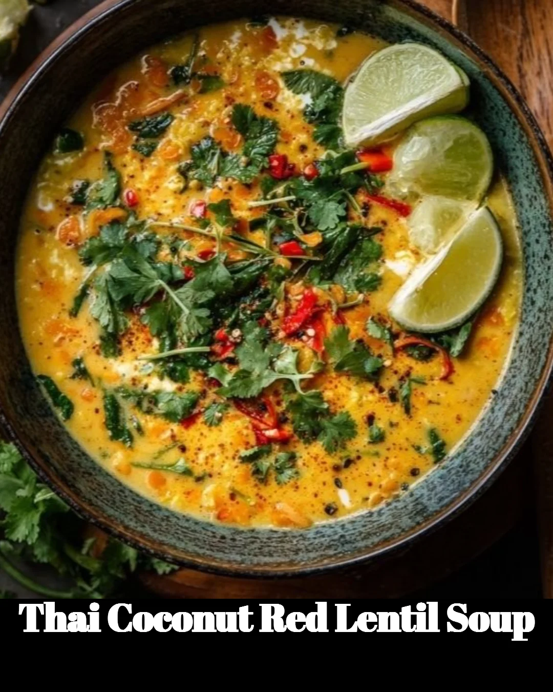 Bowl of Thai Coconut Red Lentil Soup garnished with herbs and spices.