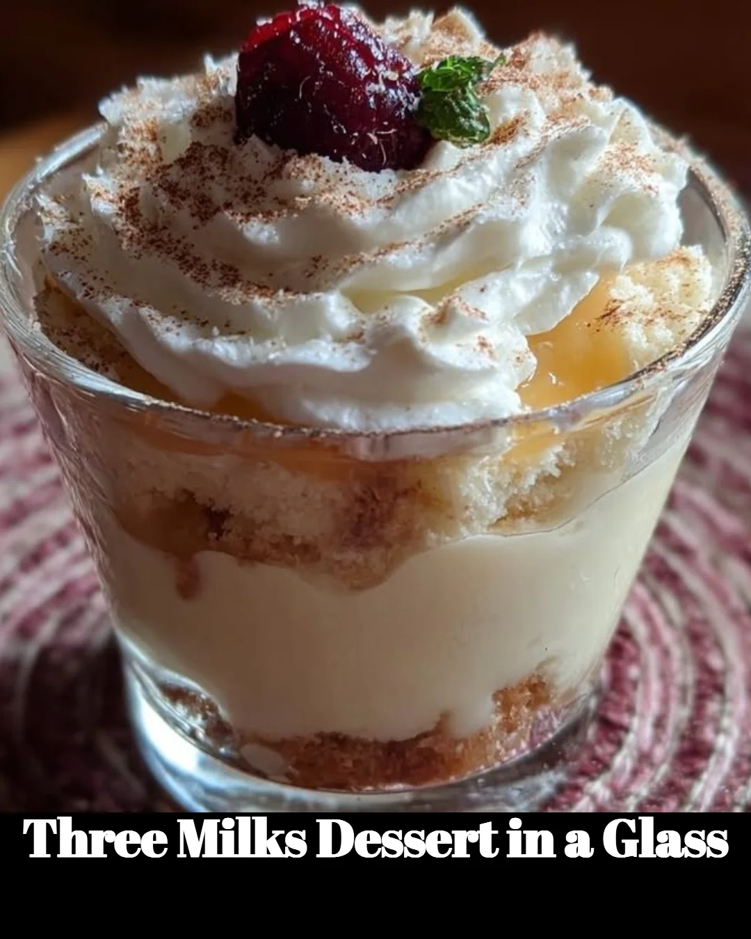 Delicious Three Milks Dessert served in a glass with layers of cream.