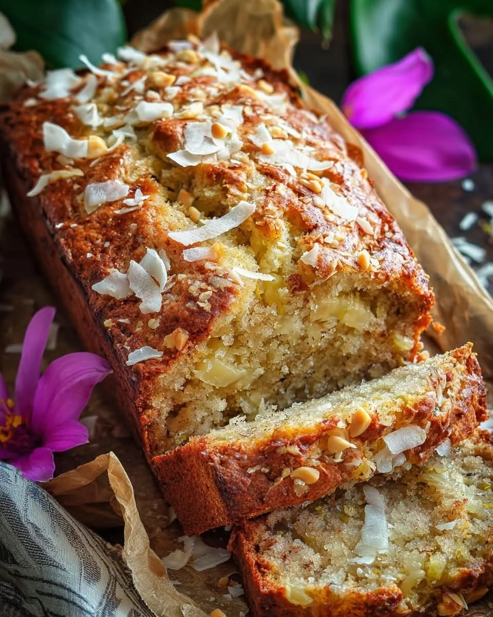 Delicious Tropical Banana Pineapple Bread with Coconut and Nuts served on a plate.