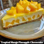 Tropical Mango Pineapple Cheesecake with fresh mango and pineapple toppings