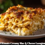 Delicious mac and cheese lasagna bake with a golden cheese crust