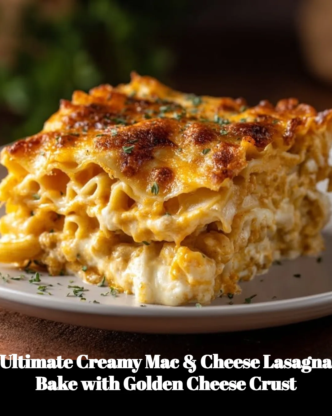 Delicious mac and cheese lasagna bake with a golden cheese crust
