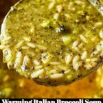 Bowl of warming Italian Broccoli Soup garnished with fresh herbs