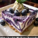 Delicious white chocolate blueberry cheesecake slice on a plate