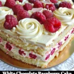 Delicious white chocolate raspberry cake with fresh raspberries on top