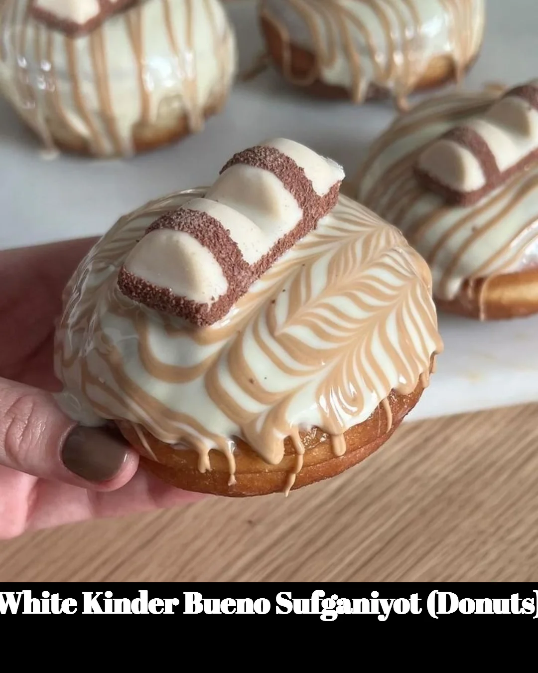 Delicious White Kinder Bueno Sufganiyot donuts filled with creamy chocolate