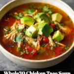 Bowl of Whole30 Chicken Taco Soup topped with avocado and cilantro.