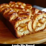 Freshly baked apple pie bread with apples and cinnamon on a wooden table.