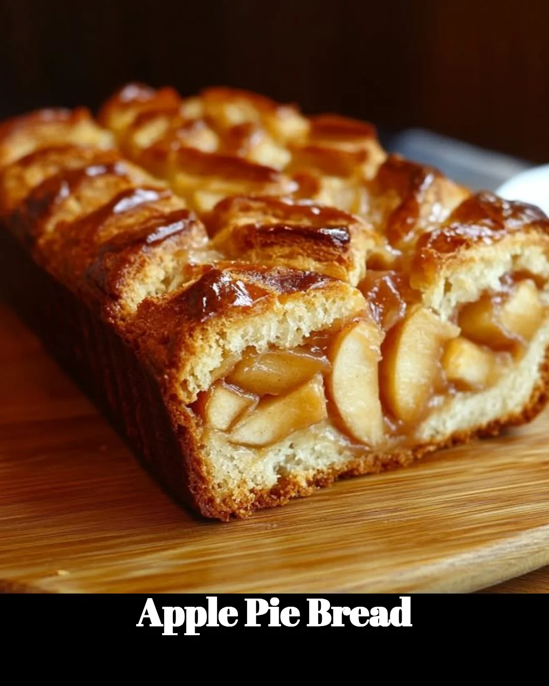 Freshly baked apple pie bread with apples and cinnamon on a wooden table.