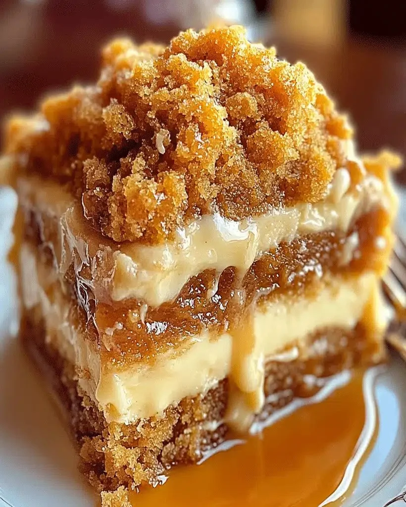 Slice of Autumn Pumpkin Spice Crumble Cake topped with a buttery crumble and spices.