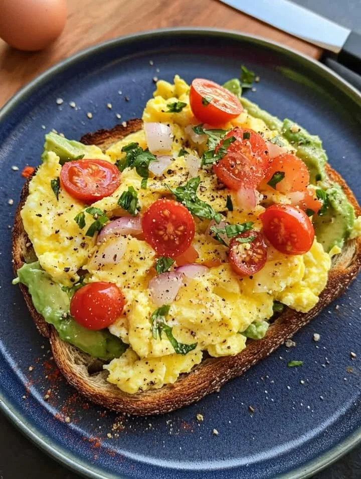 Avocado toast topped with scrambled eggs on a wooden table.