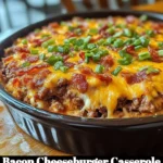 Delicious bacon cheeseburger casserole topped with melted cheese and crispy bacon.
