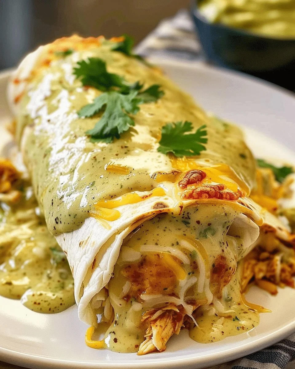 Baked Chicken Burritos covered in cheesy green chili sauce