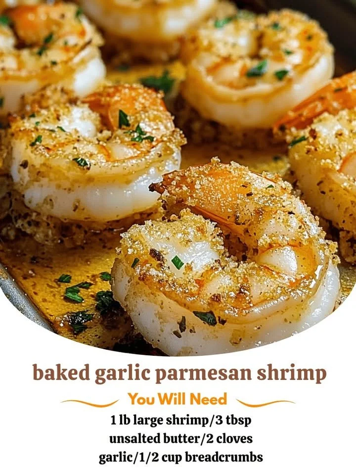 Baked Garlic Parmesan Crusted Shrimp plated with herbs and lemon