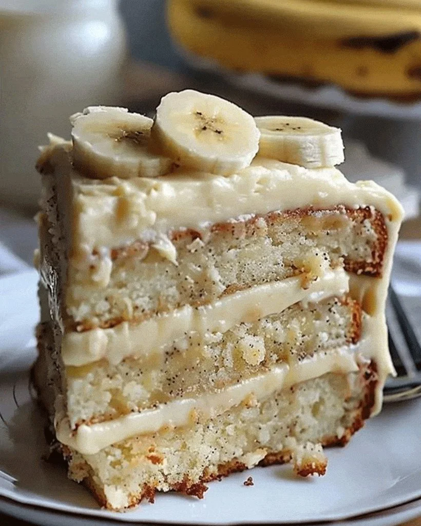 Slice of banana cake with cream cheese frosting on a white plate