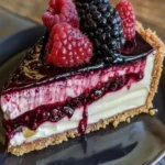Delicious slice of blackberry raspberry cheesecake topped with fresh berries.