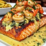 Blackened salmon served with creamy garlic spinach and shrimp on a plate.