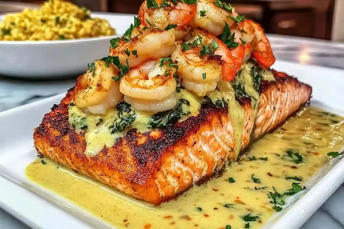 Blackened salmon served with creamy garlic spinach and shrimp on a plate.
