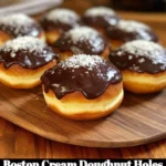 Plate of delicious Boston Cream Doughnut Holes dusted with powdered sugar.