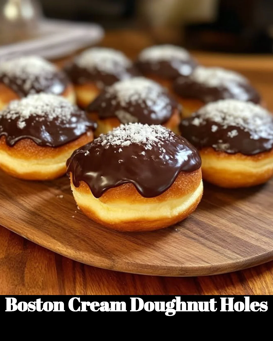 Plate of delicious Boston Cream Doughnut Holes dusted with powdered sugar.